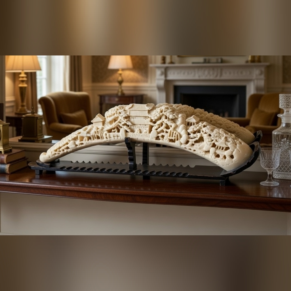 Vintage 31" Chinese Faux Ivory Carved Tusk Landscape Pagodas Mid-Century - Picture 4 of 16